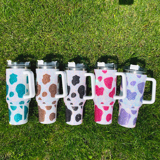 40oz Bling Cow Pattern Rhinestone Full Coverd Stanley Style Travel Mug Tumbler With Handle Lid And Straw-CNLCA