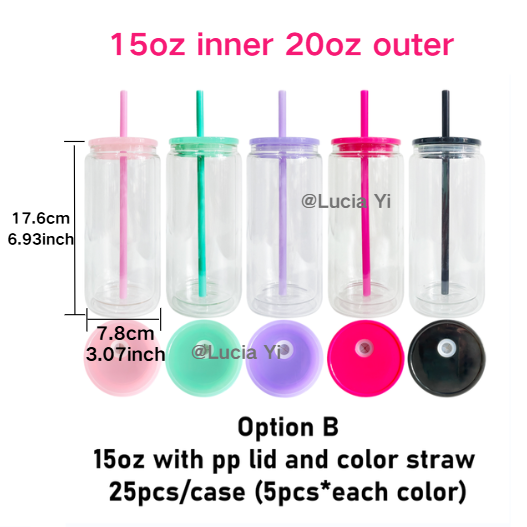 12oz & 15oz Sublimation Snow Globe Double Wall Glass Cans With PP Lids And Colorful Straw - USLCA