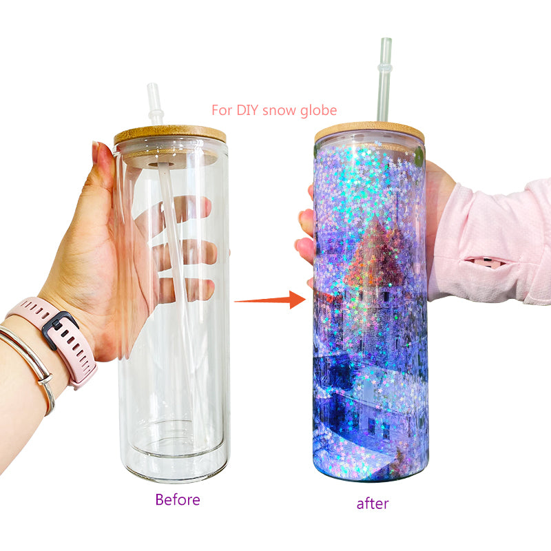 12oz 15oz 20oz Blank Sublimation Snow Globe Double Wall Glass Can Tumbler with Bamboo Lid-CNLCA