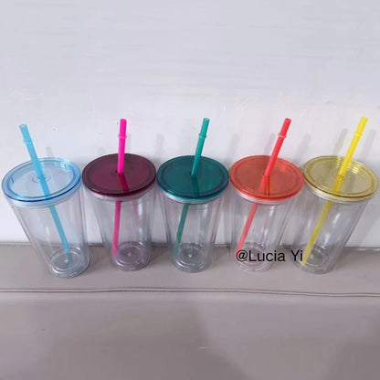 16oz Color Lid Straw Double Wall Snow Globe Tapered Plastic Cup Tumbler with Pre-drilled Hole and Plug-CNLCA
