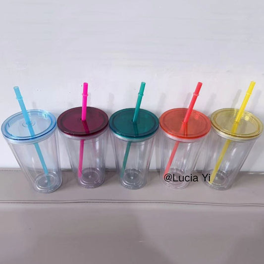 16oz Color Lid Straw Double Wall Snow Globe Tapered Plastic Cup Tumbler with Pre-drilled Hole and Plug-CNLCA