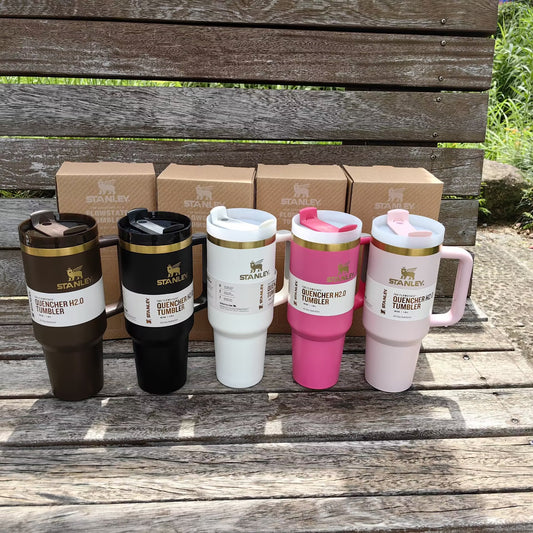 40oz Gold Plated Chocolate Black White Pink Stainess Steel Stanley Style Quencher Tumbler-CNLCA