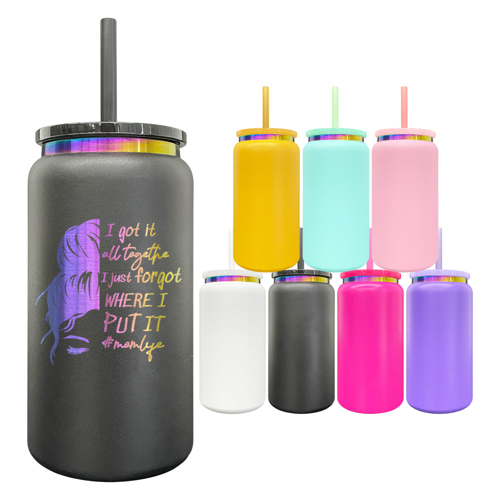 16oz Rainbow Plated Underneath Powder Coated Colored Stainless Steel Metal Can Tumbler-CNLCA