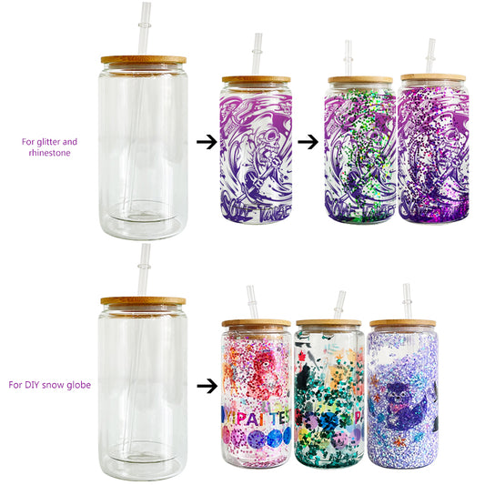 12oz 15oz 20oz Blank Sublimation Snow Globe Double Wall Glass Can With Bamboo Lid-CNLCA