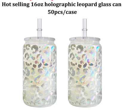 16oz Holographic Print Leopard Clear Glass Can Drinkware With BPA Free PP Lid 50PCS Sold By Case -USLCA