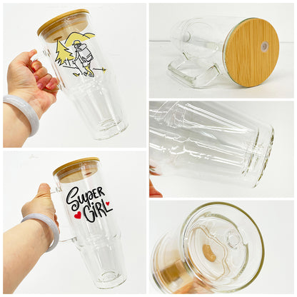 32oz 40oz Clear Double Wall Pre Drilled Snow Globe Glass Tumbler Cup Mug with Handle-CNLCA