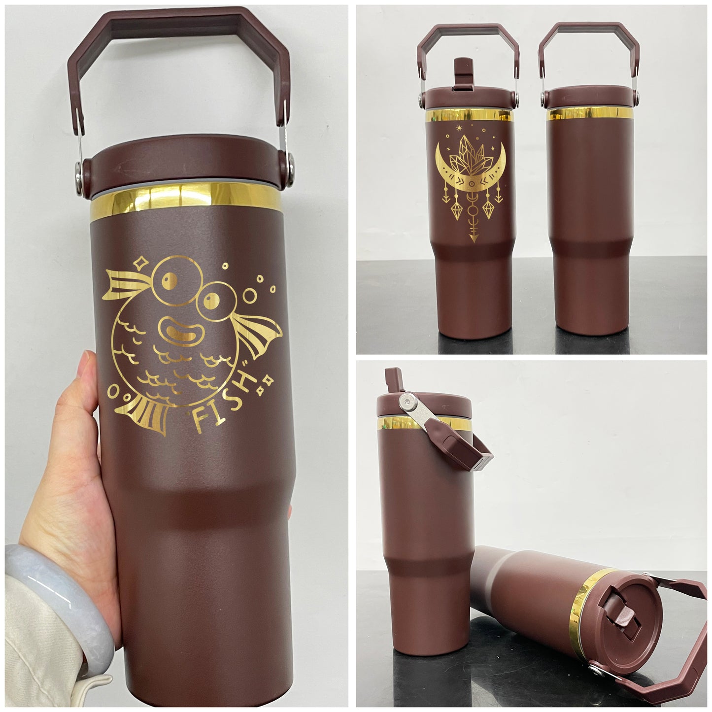 30oz Chocolate Gold Plated Underneath Flip Straw Tumbler Water Bottle For Laser Engraving-CNLCA