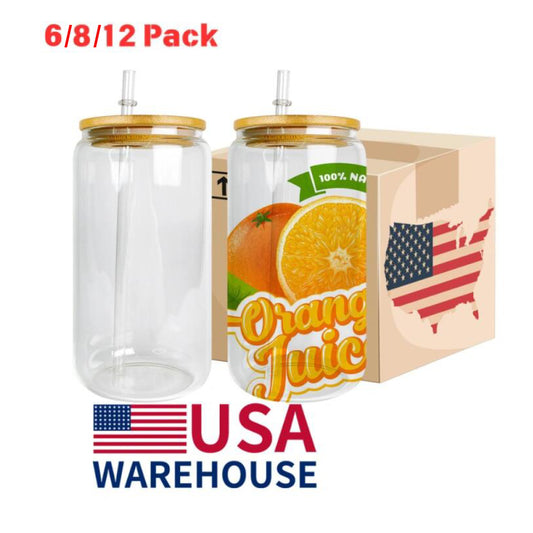 6PACK 8PACK 12PACK USA Warehouse 16oz Clear Blank Sublimation Beer Glass Can With Bamboo Lid-CNLCA