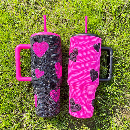 Hot Pink Black 40oz Sweet Heart Print Diamond Rhinestone Bling Stainless Steel Tumblers-CNLCA