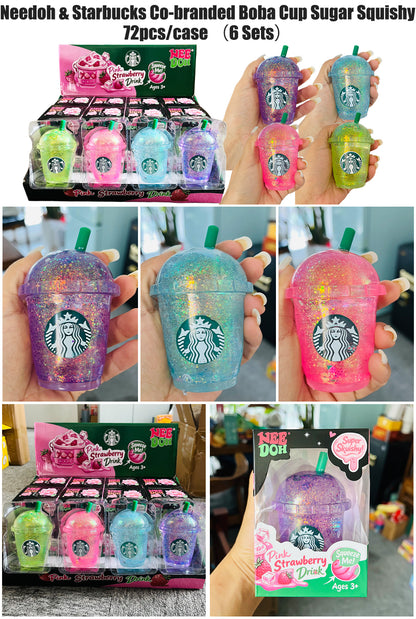 NeeDoh Starbucks Style Co-branded Glitter Sparkle Coffee Cup Shape Squishy Toy Maltose Mini Milk Tea Boba Cup Squeeze Fidget Sensory Toy for Kids Adults-CNLCA