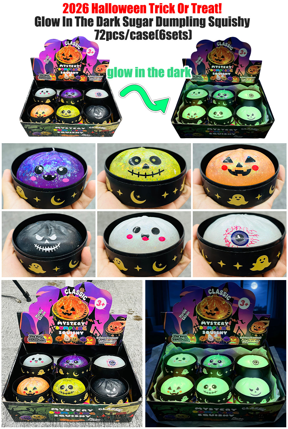 Halloween Glitter Spooky Squishy Glow In The Dark Maltose Filled Slow Rising Glitter Dumpling Squishy Jack-o'-lantern Ghost Skull Bloodshot Single Eyeball Squeeze Toy with Steamer Basket-CNLCA