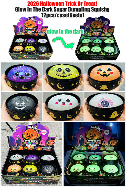 Halloween Glitter Spooky Squishy Glow In The Dark Maltose Filled Slow Rising Glitter Dumpling Squishy Jack-o'-lantern Ghost Skull Bloodshot Single Eyeball Squeeze Toy with Steamer Basket-CNLCA