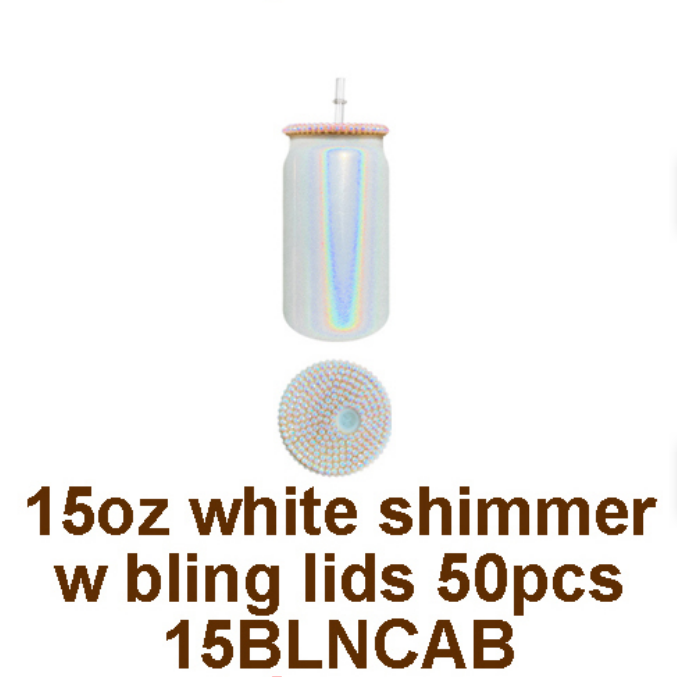 15oz Rhinestone Bling Lid Blank Sublimation Shimmer Glitter Sodium Calcium Glass Can Tumbler-CNLCA