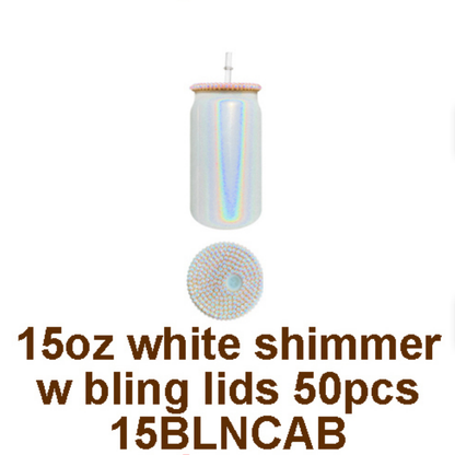 15oz Rhinestone Bling Lid Blank Sublimation Shimmer Glitter Sodium Calcium Glass Can Tumbler-CNLCA