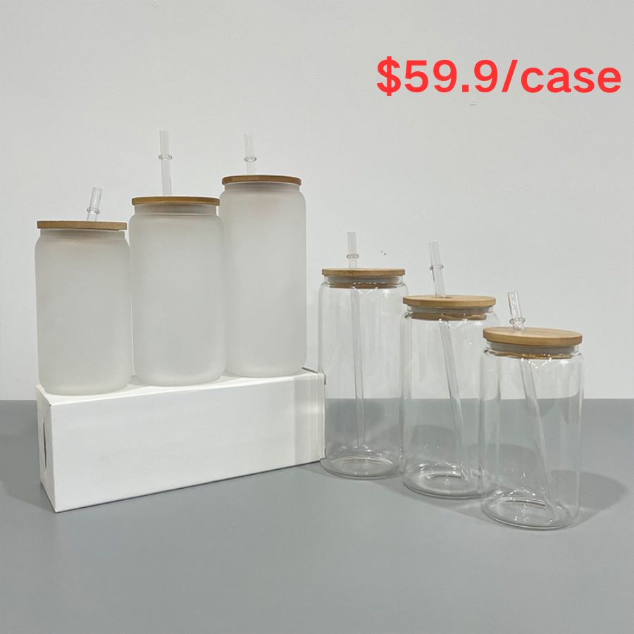 USA Warehouse 12oz 16oz 20oz Clear Sublimation Glass Cans with Bamboo Lid 25pc/case 50pc/case-USLCA