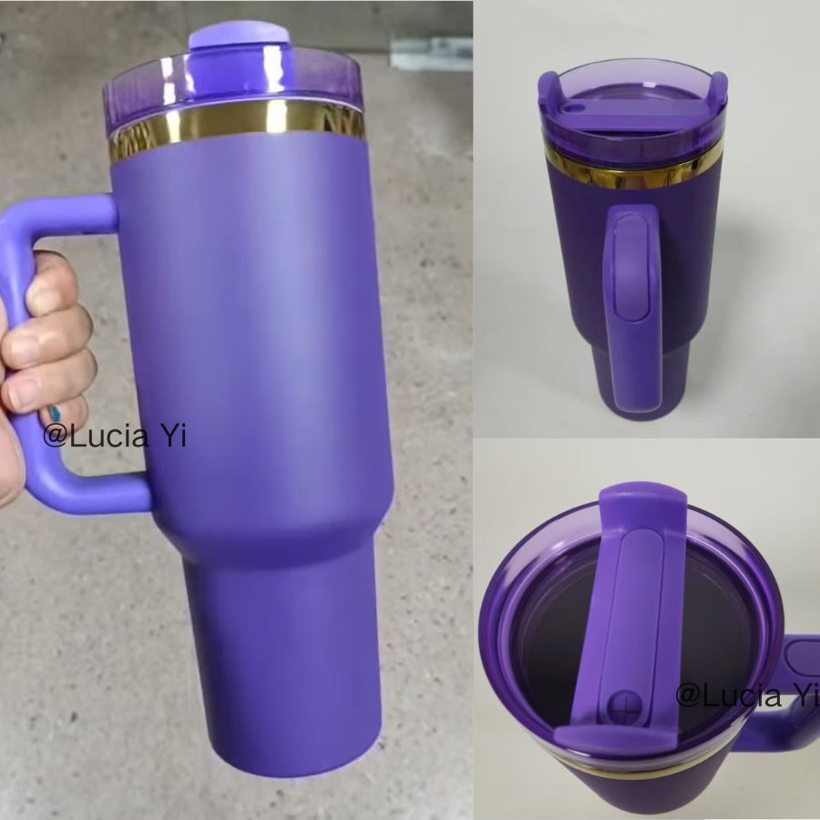 Custom 40oz Mirror Gold Plated Underneath Quencher Dark Purple Powder Coated Tumbler For Laser-CNLCA