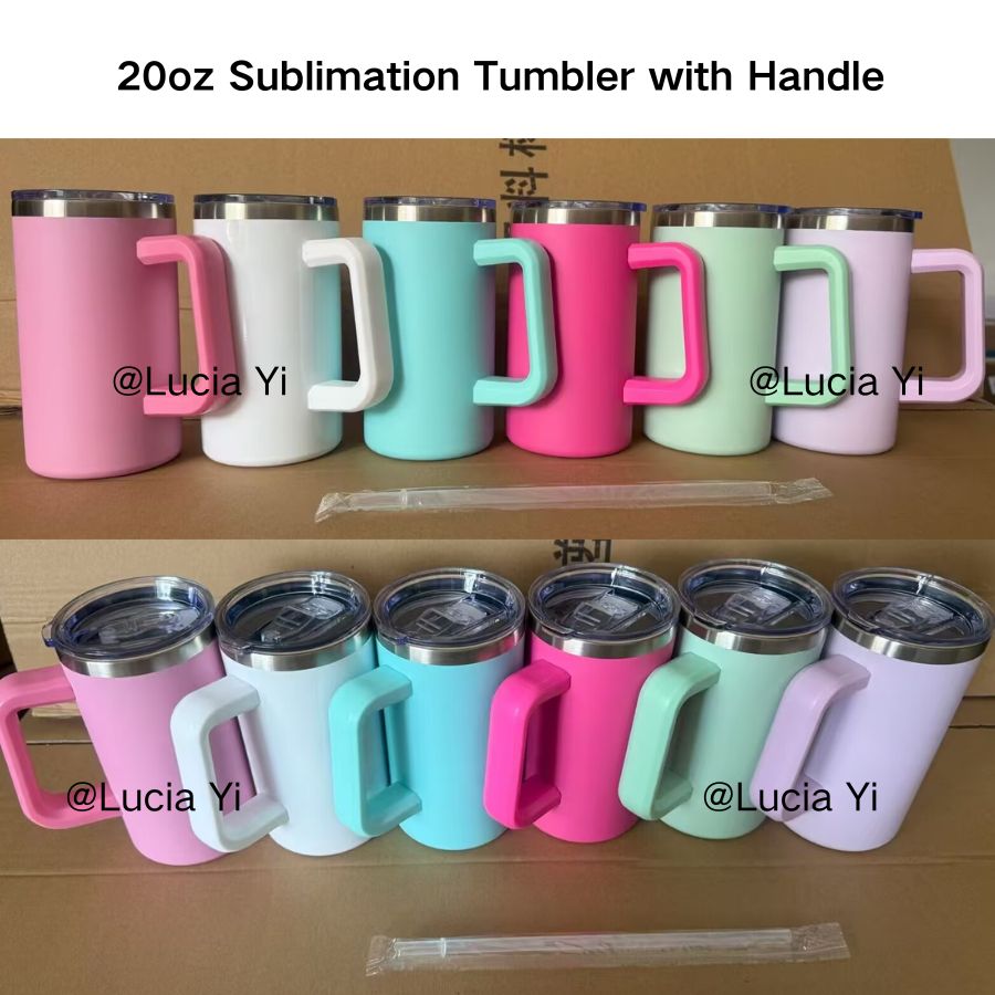 20oz Chubby Macaron White Blank Sublimation Tumbler Coffee Mug with Removable Plastic Handle-CNLCA