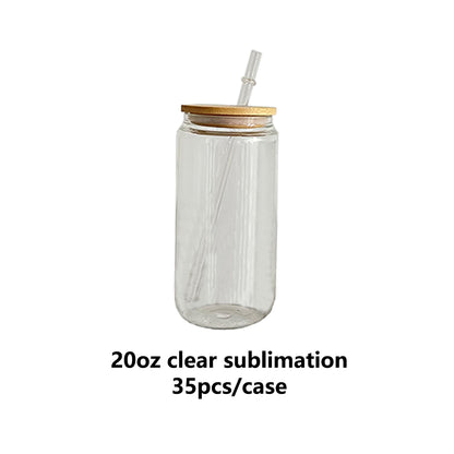 USA Warehouse 12oz 16oz 20oz Clear Frosted Sublimation Glass Cans with Bamboo Lid 25pc/case 50pc/case-USLCA