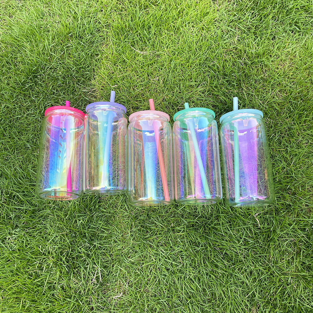 16oz Rainbow Plated Glass Can For Sublimation &UV DTF wraps-CNLCA