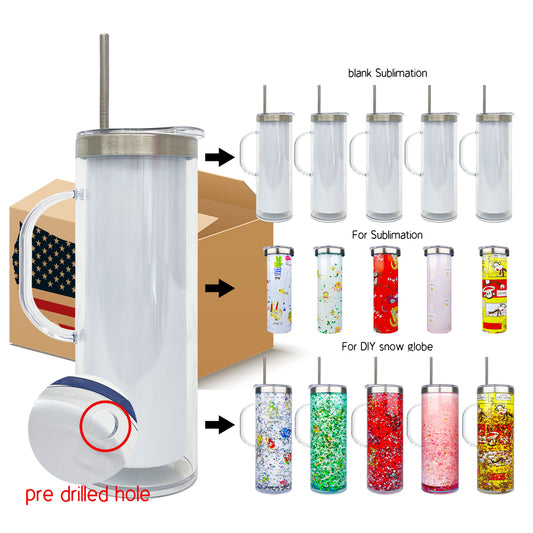Pre Drilled Hole 20oz White Blank Sublimation Snow Globe DIY Glitter Stainless Steel Tumblers with Handle-CNLCA