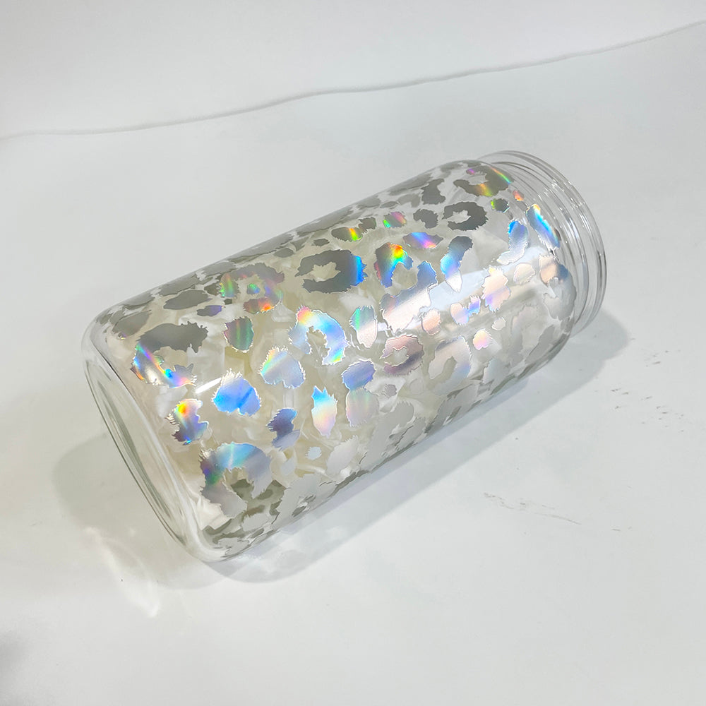 16oz Holographic Print Leopard Clear Glass Can Drinkware With BPA Free PP Lid 50PCS Sold By Case -USLCA