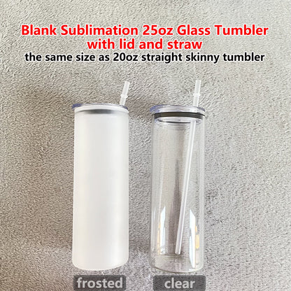 25oz Sublimation Frosted Skinny Straight Glass Tumbler With Plastic Lid- USLCA