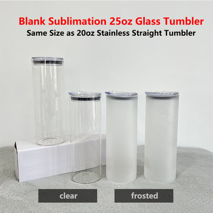 25oz Sublimation Frosted Skinny Straight Glass Tumbler With Plastic Lid- USLCA