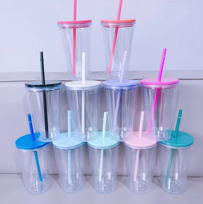 16oz Double Wall Snow Globe Tapered Plastic Cup Tumbler with Pre-drilled Hole and Plug Color Lid-CNLCA