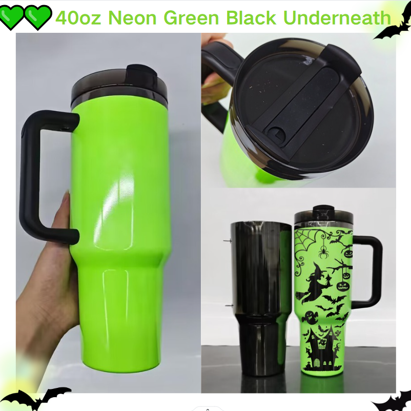 H2.0 40oz Black Underneath Neon Green Color Quencher Tumblers For Sublimation /Laser Engrave -CNLCA