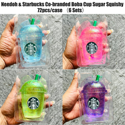NeeDoh Starbucks Style Co-branded Glitter Sparkle Coffee Cup Shape Squishy Toy Maltose Mini Milk Tea Boba Cup Squeeze Fidget Sensory Toy for Kids Adults-CNLCA