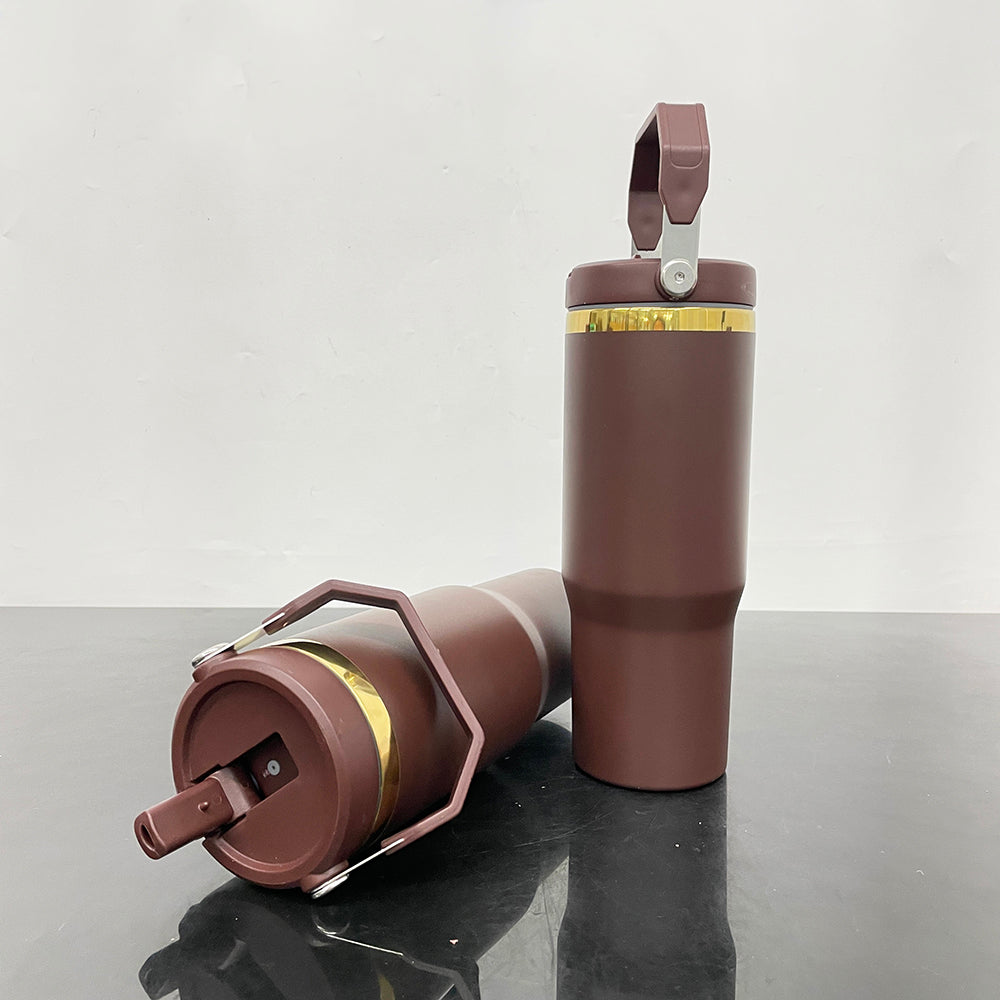 30oz Chocolate Gold Plated Underneath Flip Straw Tumbler Water Bottle For Laser Engraving-CNLCA