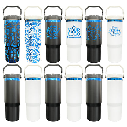 30oz Blue Plated Underneath Flip Straw Top Tumblers Water Bottle For Laser Engraving -CNLCA