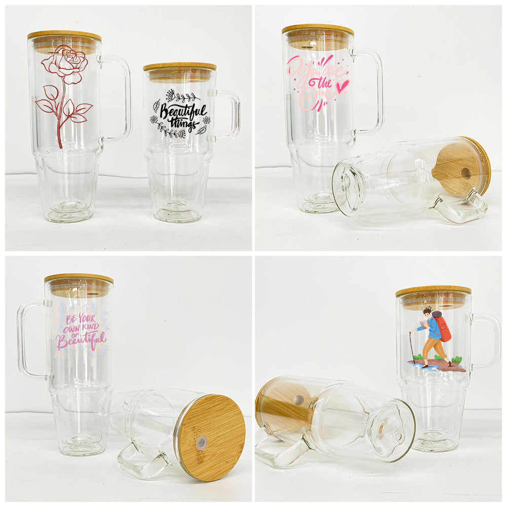 32oz 40oz Clear Double Wall Pre Drilled Snow Globe Glass Tumbler Cup Mug with Handle-CNLCA