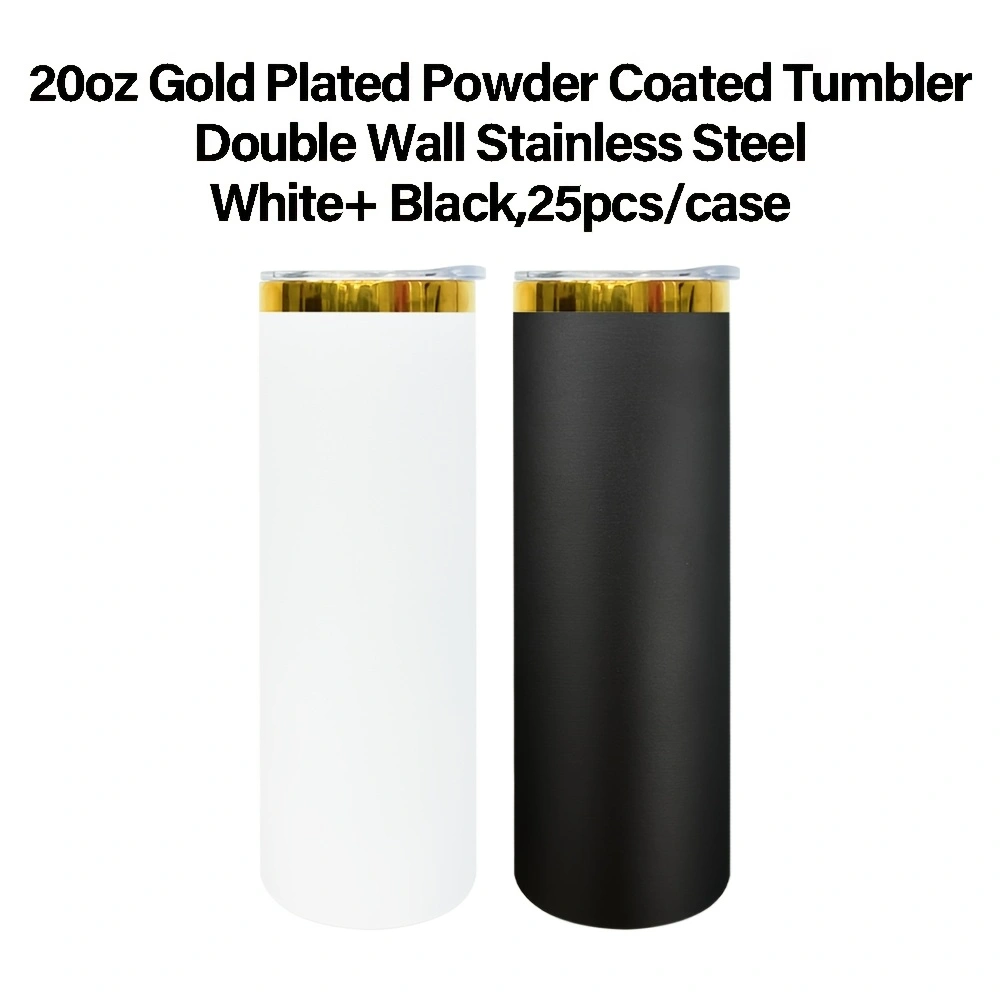 Black White Powder Coated 20oz Gold Plated Underneath Skinny Straight Tumbler For Laser Engraving-CNLCA