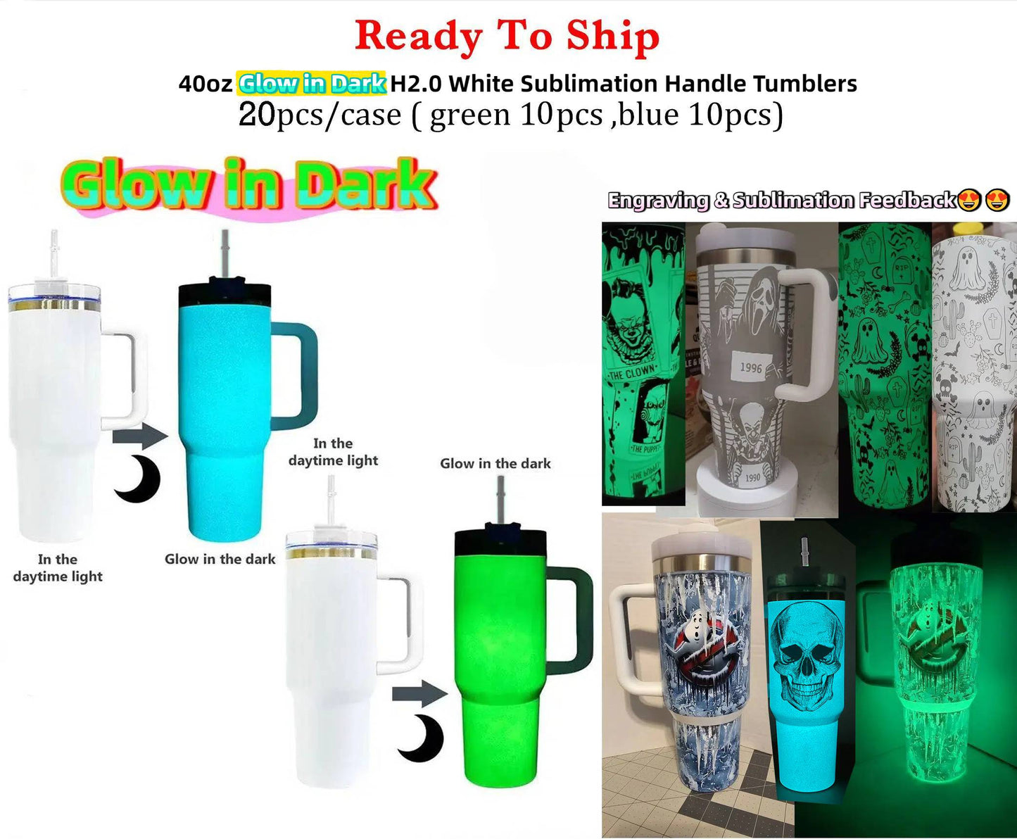 40oz H2.0 Blank Sublimation Glow In Dark Halloween Tumbler With Lid And Straw -CNLCA