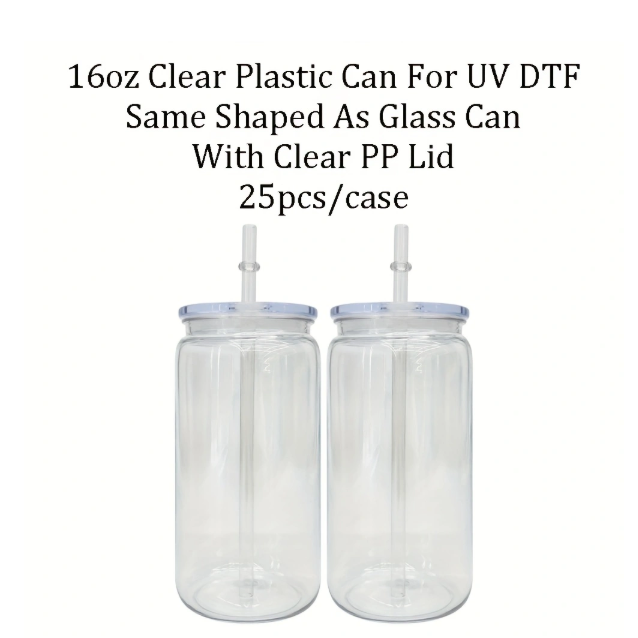 10Pack/25Pack 16oz Plastic Can Cup with Clear Plastic Lids for UV DTF Wraps Same Shape Size As Glass Can-CNLCA