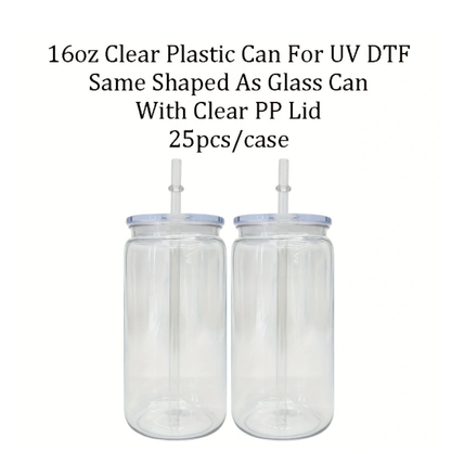 10Pack/25Pack 16oz Plastic Can Cup with Clear Plastic Lids for UV DTF Wraps Same Shape Size As Glass Can-CNLCA