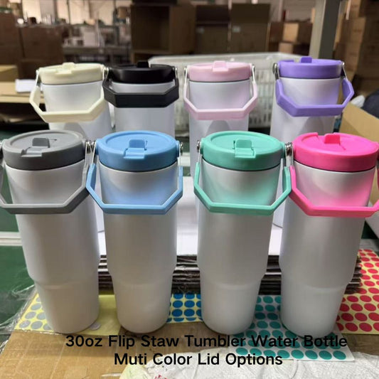 30oz White Blank Sublimation Flip Straw Lid Tumbler Water Bottle with Color Handle-CNLCA