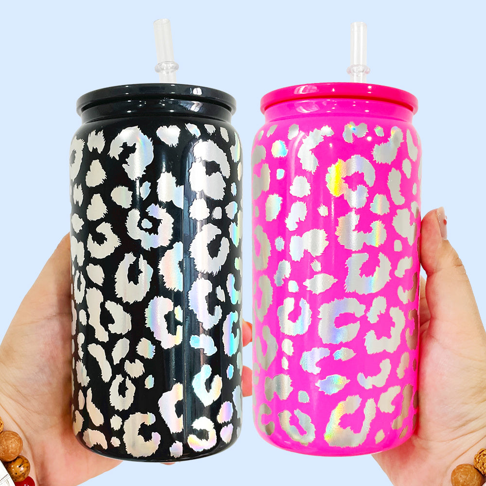 16oz Holographic Print Leopard Glass Can Drinkware With BPA Free PP Lid 50PCS Sold By Case -USLCA