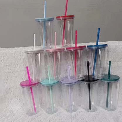 16oz Double Wall Snow Globe Tapered Plastic Cup Tumbler with Pre-drilled Hole and Plug Color Lid-CNLCA