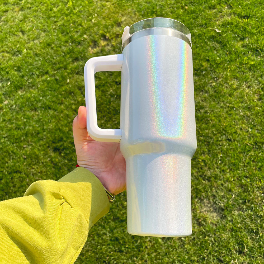 H1.0 40oz Sublimation Blanks White Colorful Rainbow Shimmer Glitter Travel Mug Tumbler With Handle-USLCA