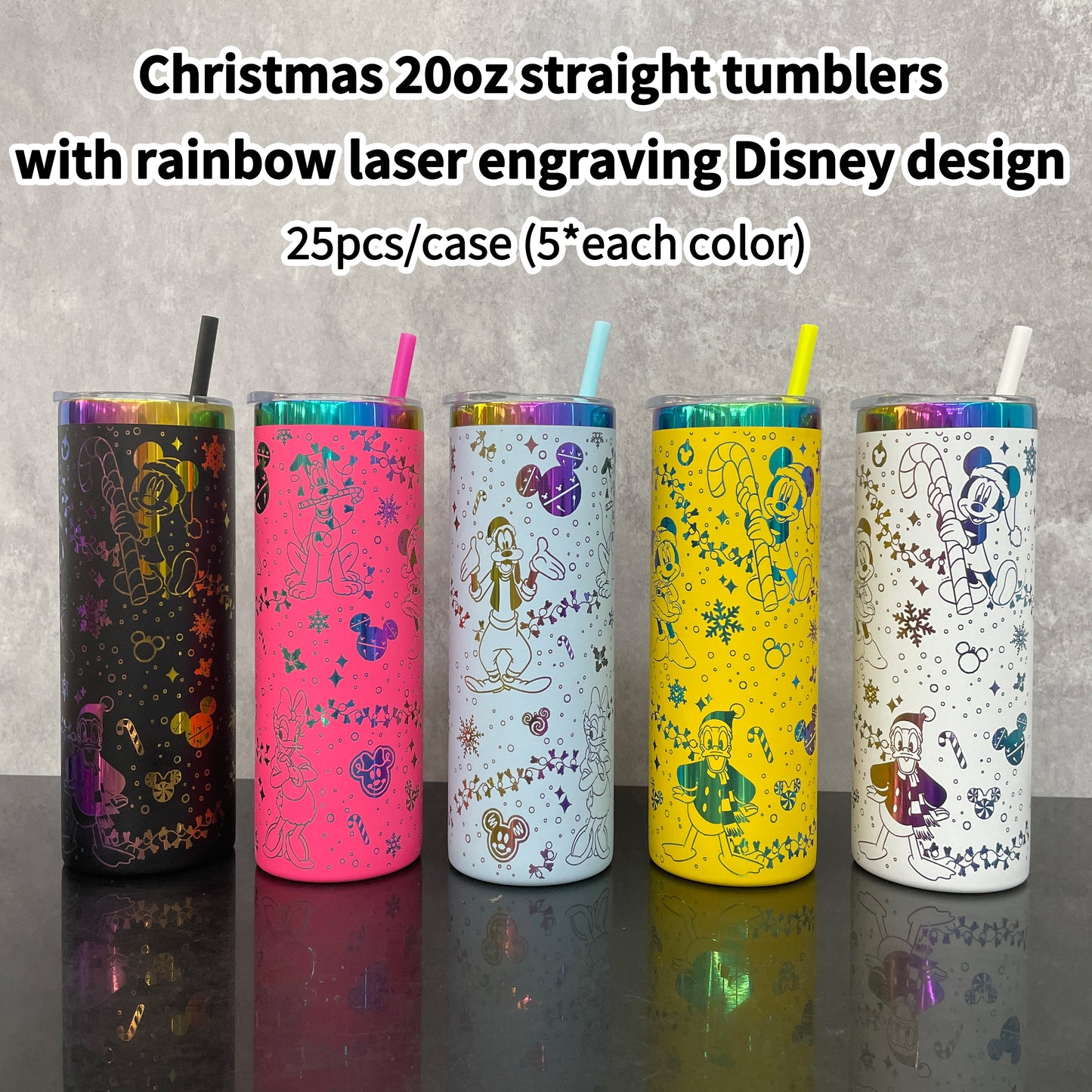 Christmas 20oz Skinny Straight Tumbler With Rainbow Laser Engraving Disney Design-CNLCA