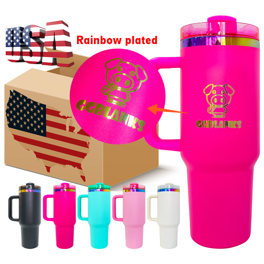 4Pack/8Pack/12Pack 40oz H2.0 Colorful Rainbow Plated Underneath Powder Coated Tumblers Travel Mugs with Handle for Laser-CNLCA