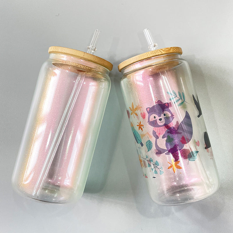 16oz Iridencent Sublimation Glass Can with Bamboo Lids-USLCA