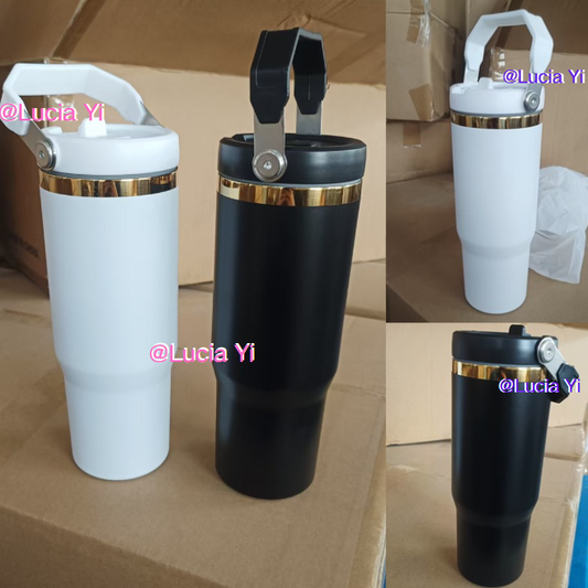 30oz Black White Gold Plated Underneath Powder Coated Flip Straw Water Bottle Tumbler for Laser Engrave-CNLCA
