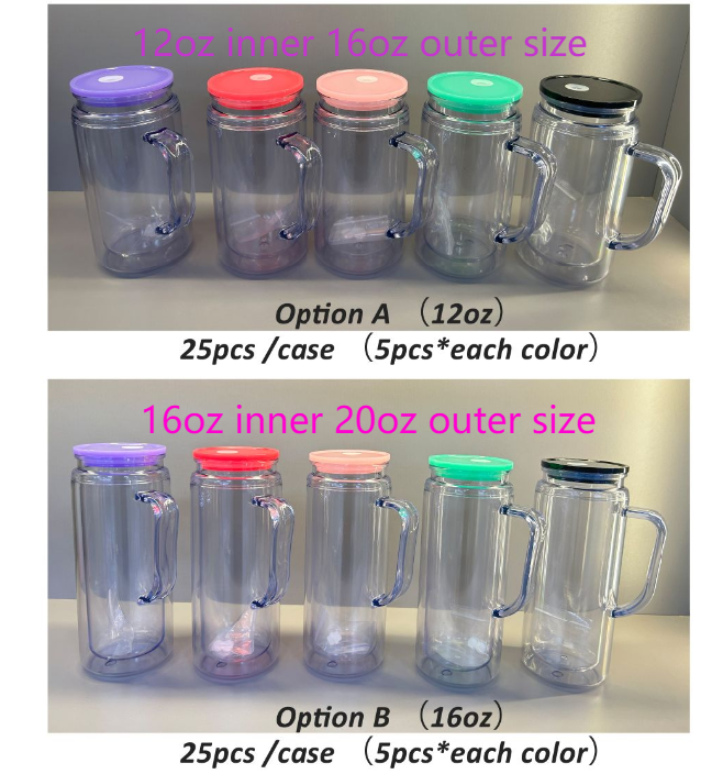 12oz Inner 16oz Outer Double Wall Snow Globe Plastic Acrylic Cup Tumbler with Handle Pre Drilled Hole and Plug-CNLCA