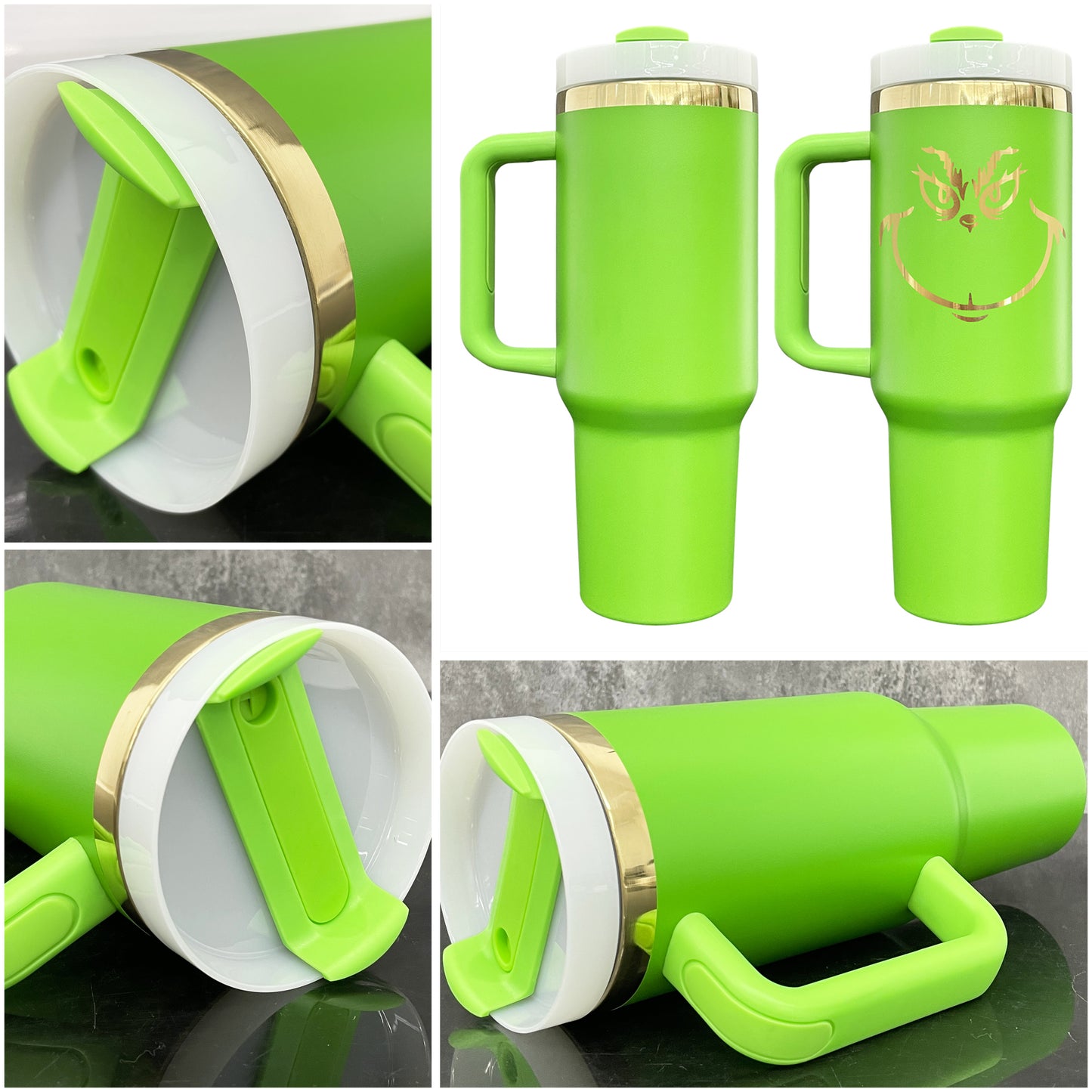 40oz Grinch Design Gold Underneath Powder Coated Green Color Quencher Tumblers For Laser Engrave -CNLCA