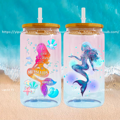 16oz Ombre Crystal Ocean Color Beer Glass Cup With Plastic /Bamboo Lid For Sublimation &UV DTF wraps-CNLCA