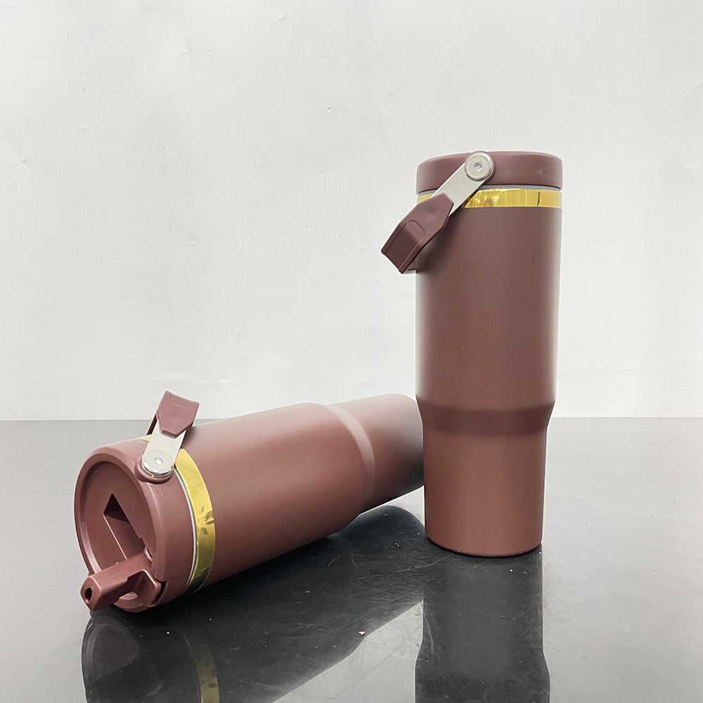 30oz Chocolate Gold Plated Underneath Flip Straw Tumbler Water Bottle For Laser Engraving-CNLCA