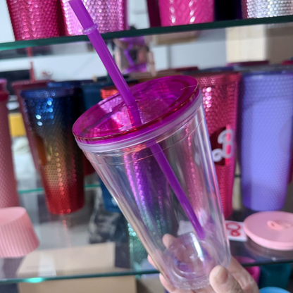 16oz Color Lid Straw Double Wall Snow Globe Tapered Plastic Cup Tumbler with Pre-drilled Hole and Plug-CNLCA